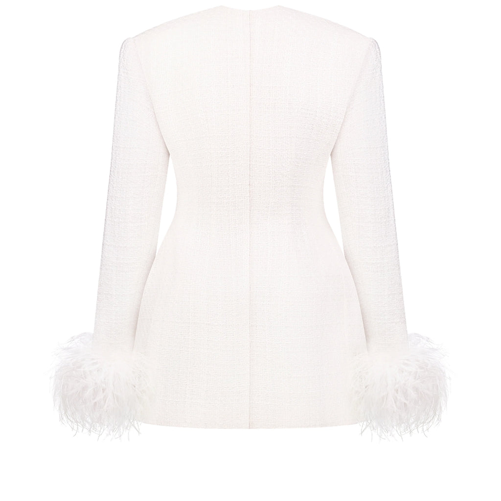 Elegant White Feather Cuff Double Breasted Women’s Blazer Coat