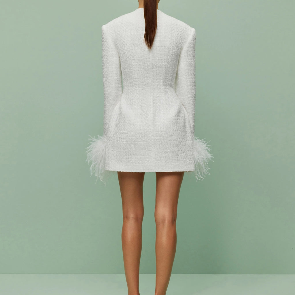 Elegant White Feather Cuff Double Breasted Women’s Blazer Coat