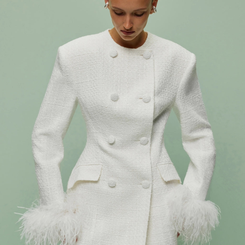 Elegant White Feather Cuff Double Breasted Women’s Blazer Coat