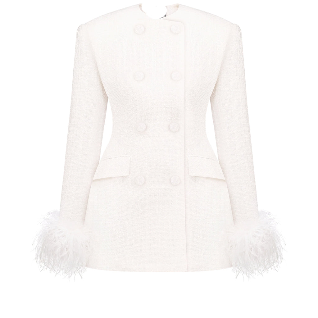 Elegant White Feather Cuff Double Breasted Women’s Blazer Coat