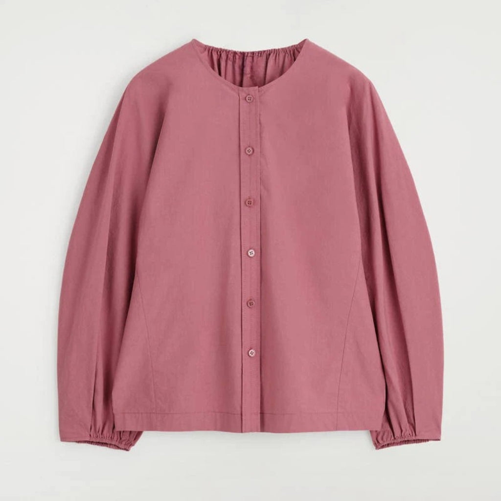 Soft Rose Button Front Blouse with Relaxed Fit Long Sleeves