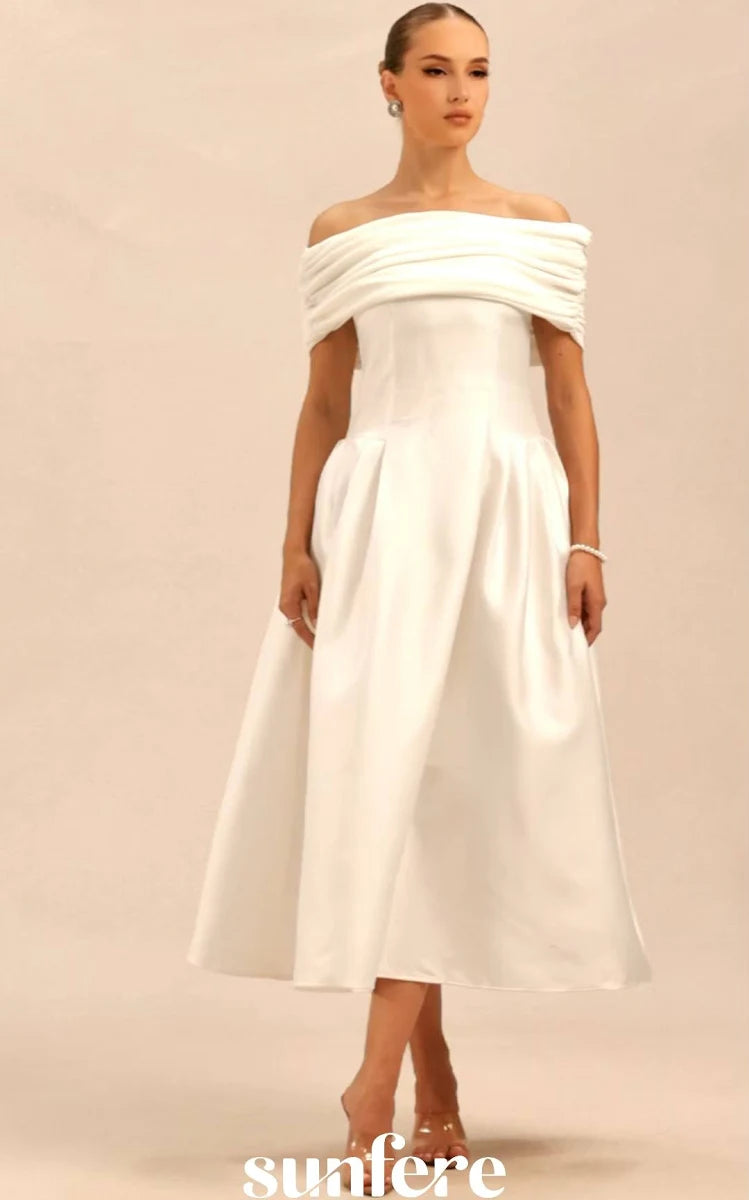 Elegant Off Shoulder White Midi A Line Women Dress