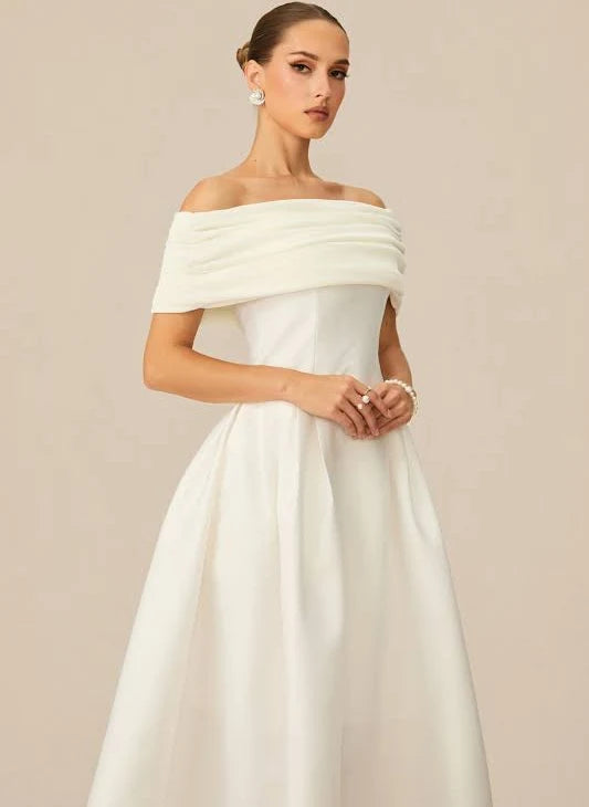 Elegant Off Shoulder White Midi A Line Women Dress