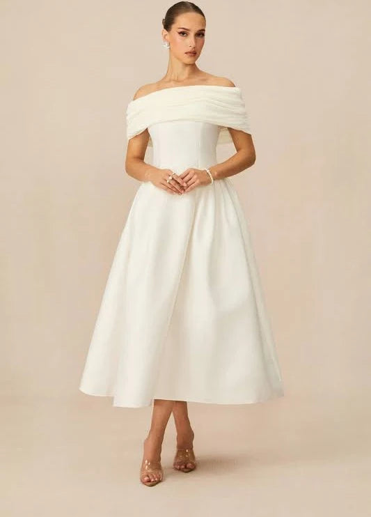 Elegant Off Shoulder White Midi A Line Women Dress
