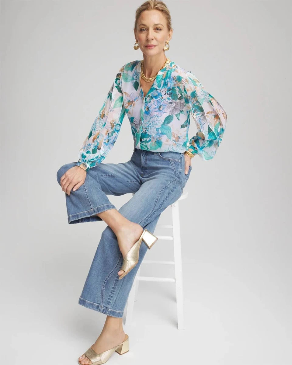 Elegant Floral Print V Neck Women Casual Blouse Shirt