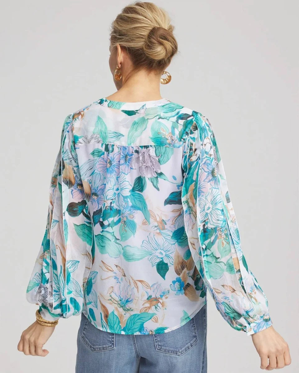 Elegant Floral Print V Neck Women Casual Blouse Shirt