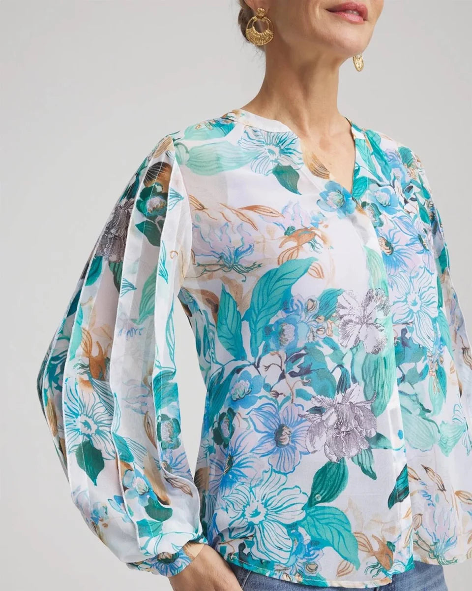 Elegant Floral Print V Neck Women Casual Blouse Shirt