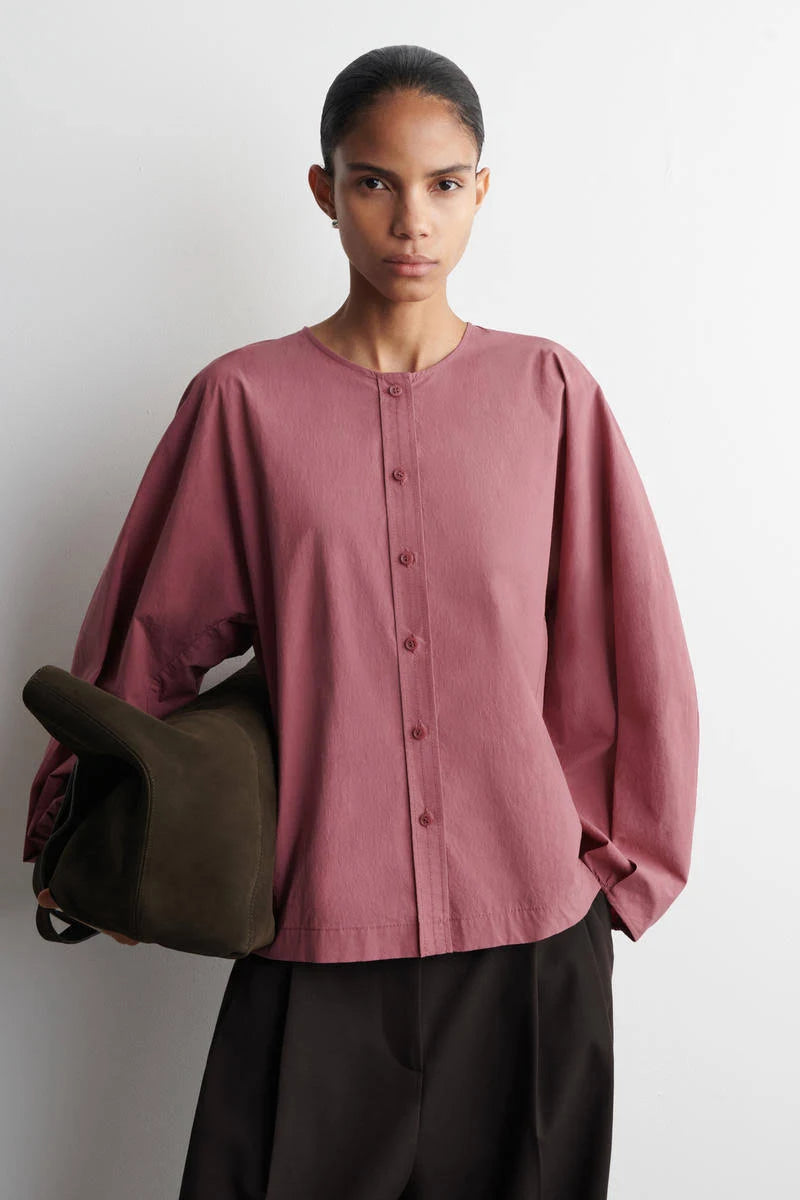 Soft Rose Button Front Blouse with Relaxed Fit Long Sleeves