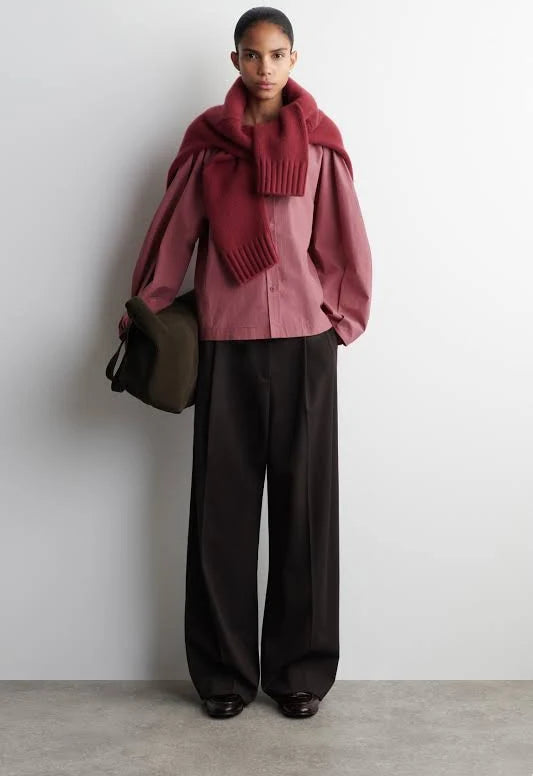 Soft Rose Button Front Blouse with Relaxed Fit Long Sleeves
