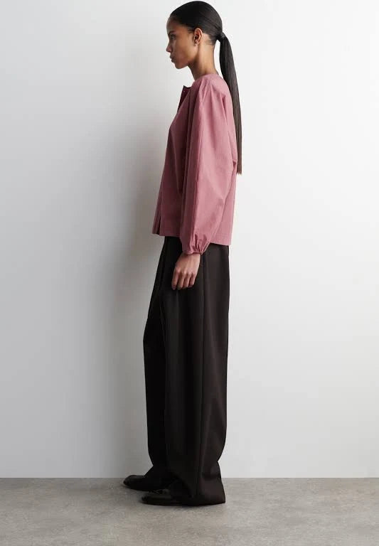 Soft Rose Button Front Blouse with Relaxed Fit Long Sleeves