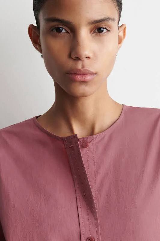 Soft Rose Button Front Blouse with Relaxed Fit Long Sleeves