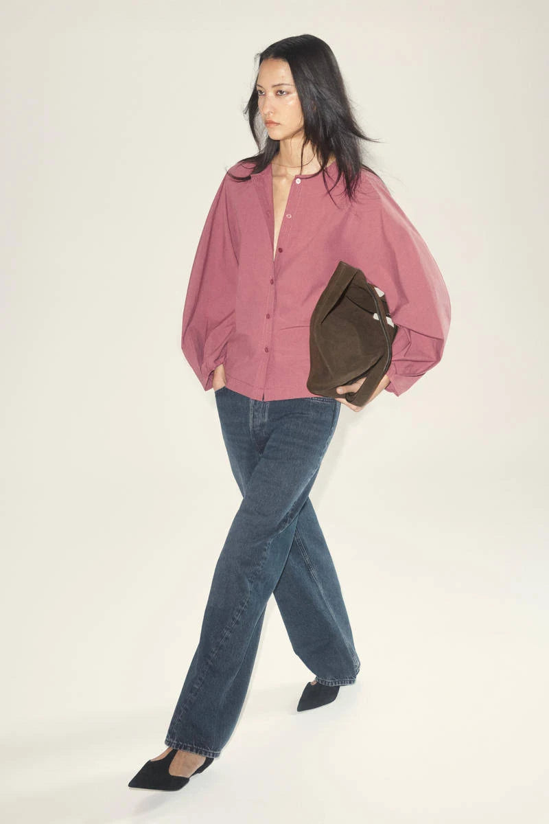 Soft Rose Button Front Blouse with Relaxed Fit Long Sleeves