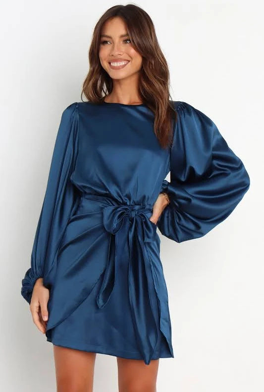 Elegant Satin Wrap Dress with Waist Tie and Balloon Sleeves