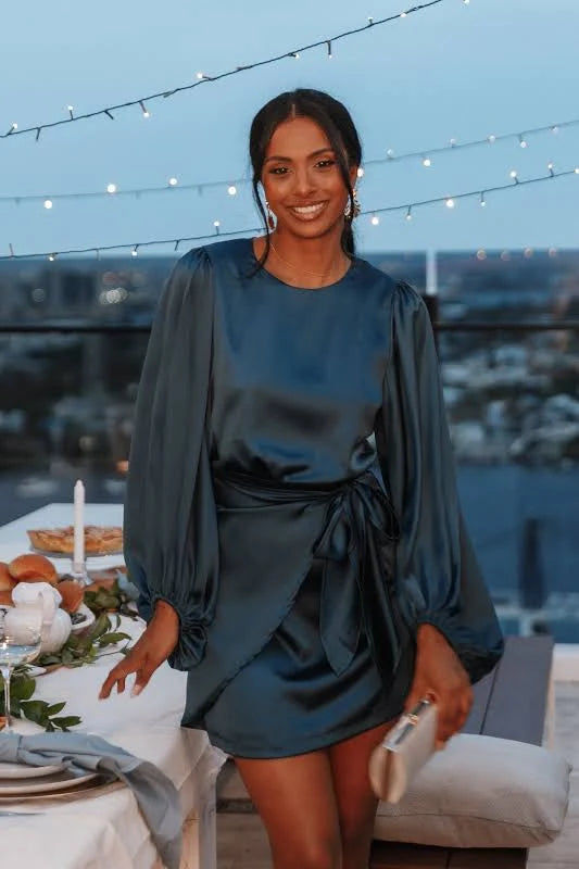 Elegant Satin Wrap Dress with Waist Tie and Balloon Sleeves