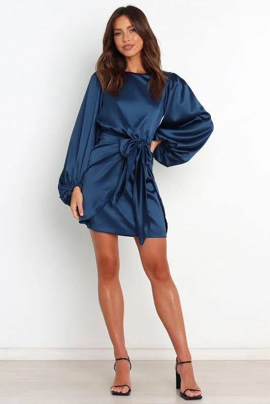 Elegant Satin Wrap Dress with Waist Tie and Balloon Sleeves