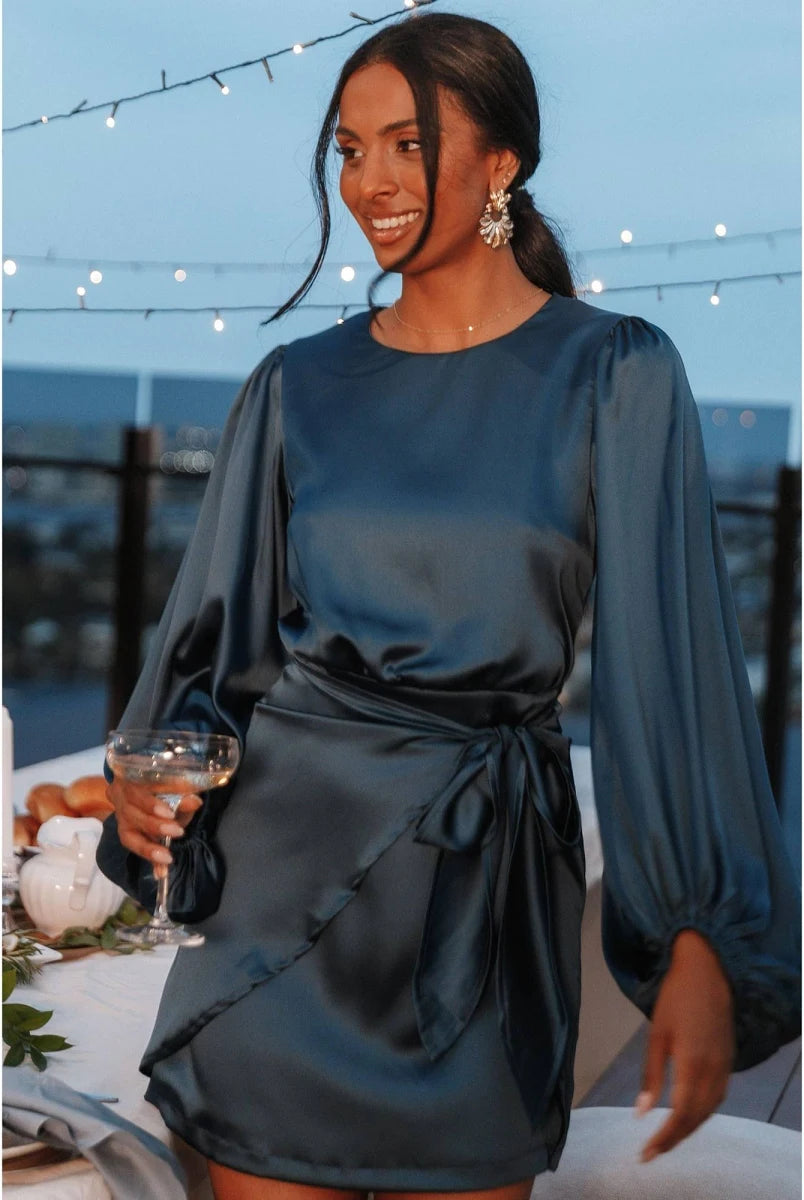 Elegant Satin Wrap Dress with Waist Tie and Balloon Sleeves