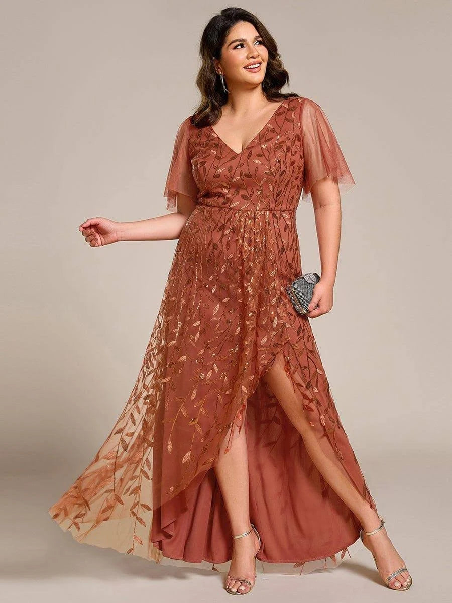 Elegant Embroidered Mesh Maxi Dress with Flutter Sleeves and Slit