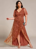 Elegant Embroidered Mesh Maxi Dress with Flutter Sleeves and Slit