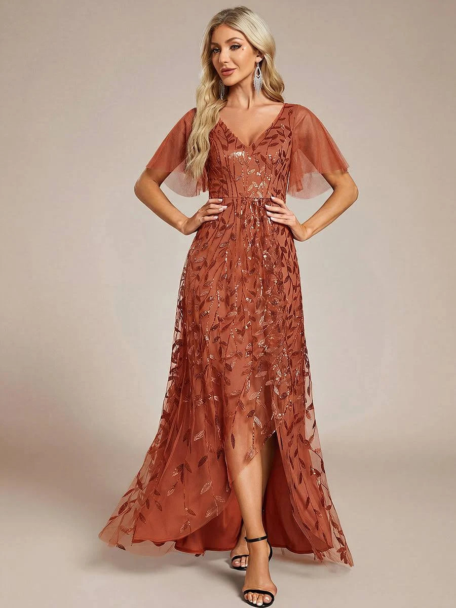 Elegant Embroidered Mesh Maxi Dress with Flutter Sleeves and Slit