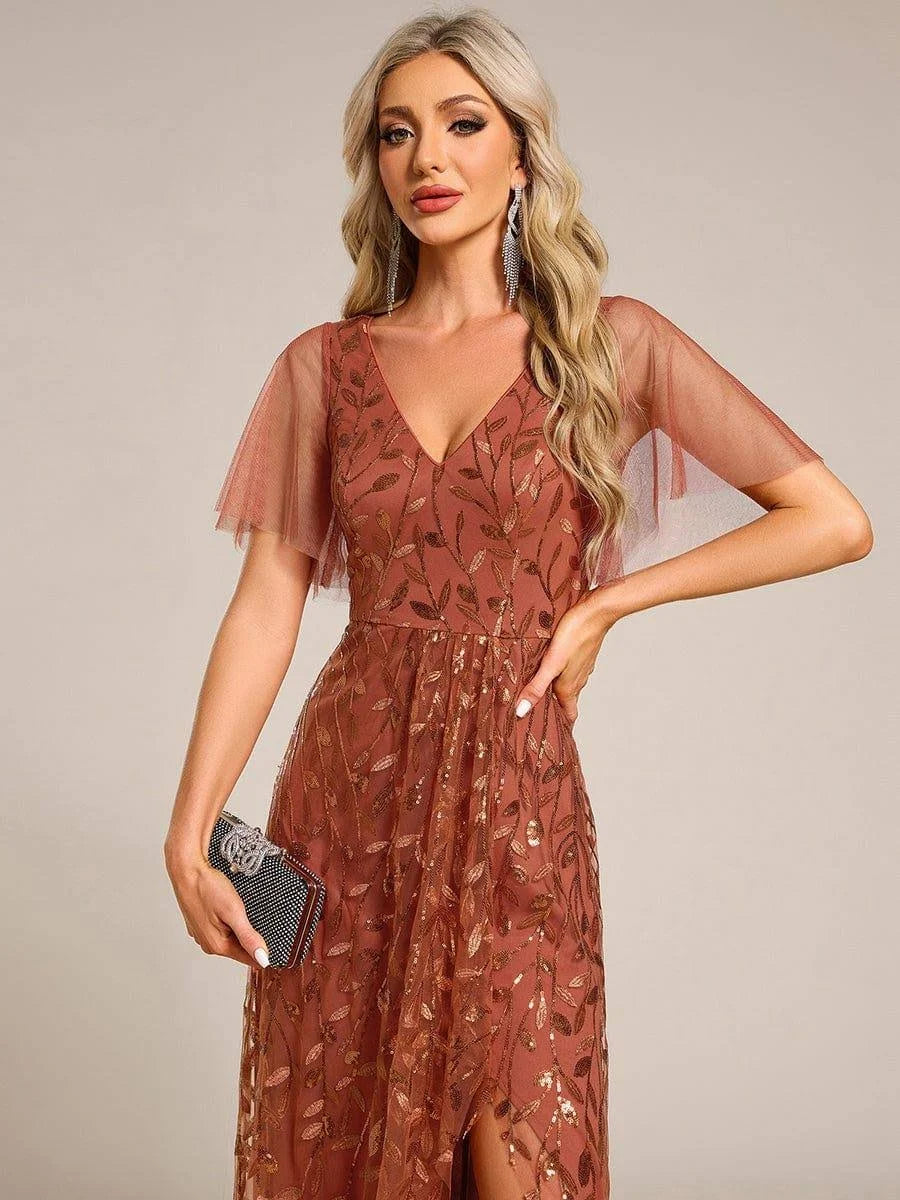 Elegant Embroidered Mesh Maxi Dress with Flutter Sleeves and Slit