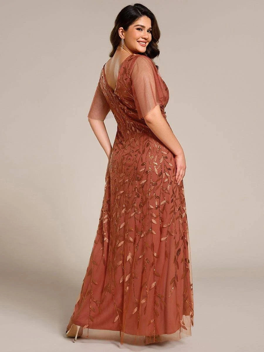 Elegant Embroidered Mesh Maxi Dress with Flutter Sleeves and Slit