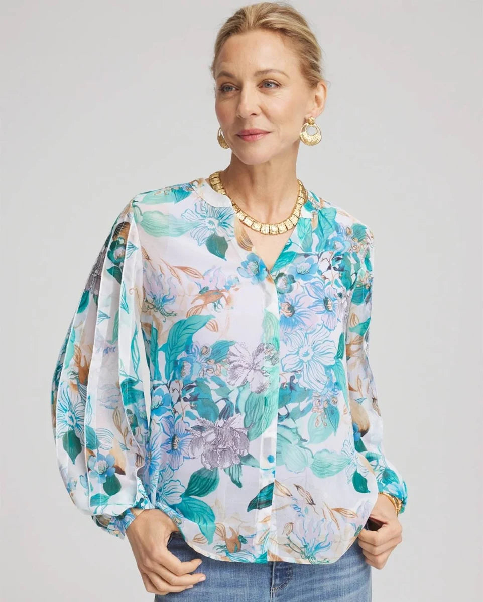 Elegant Floral Print V Neck Women Casual Blouse Shirt